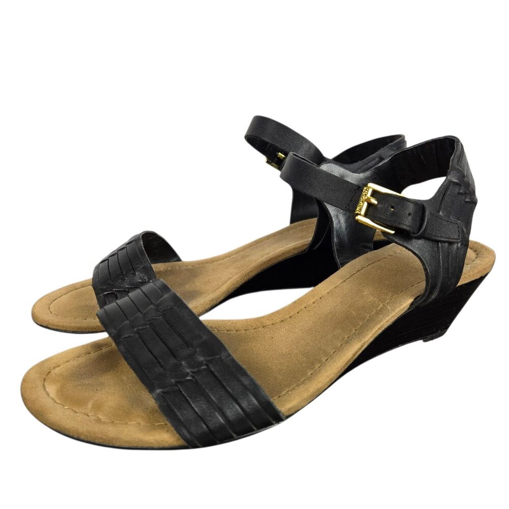 Lauren Ralph Lauren Latrice Wedge Sandals Sz 8 B Black Woven Ankle Strap